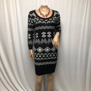 Cloud Chaser Sweater Dress Womens Size Large Black White Geometric Long Sleeve